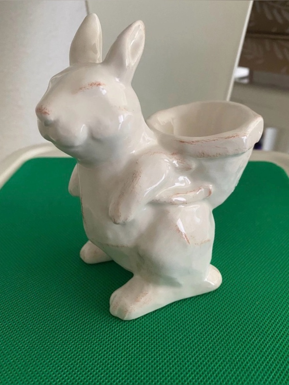 Pottery Barn White Bunny Egg Basket Glazed Ceramic Mini 5” Easter Figure